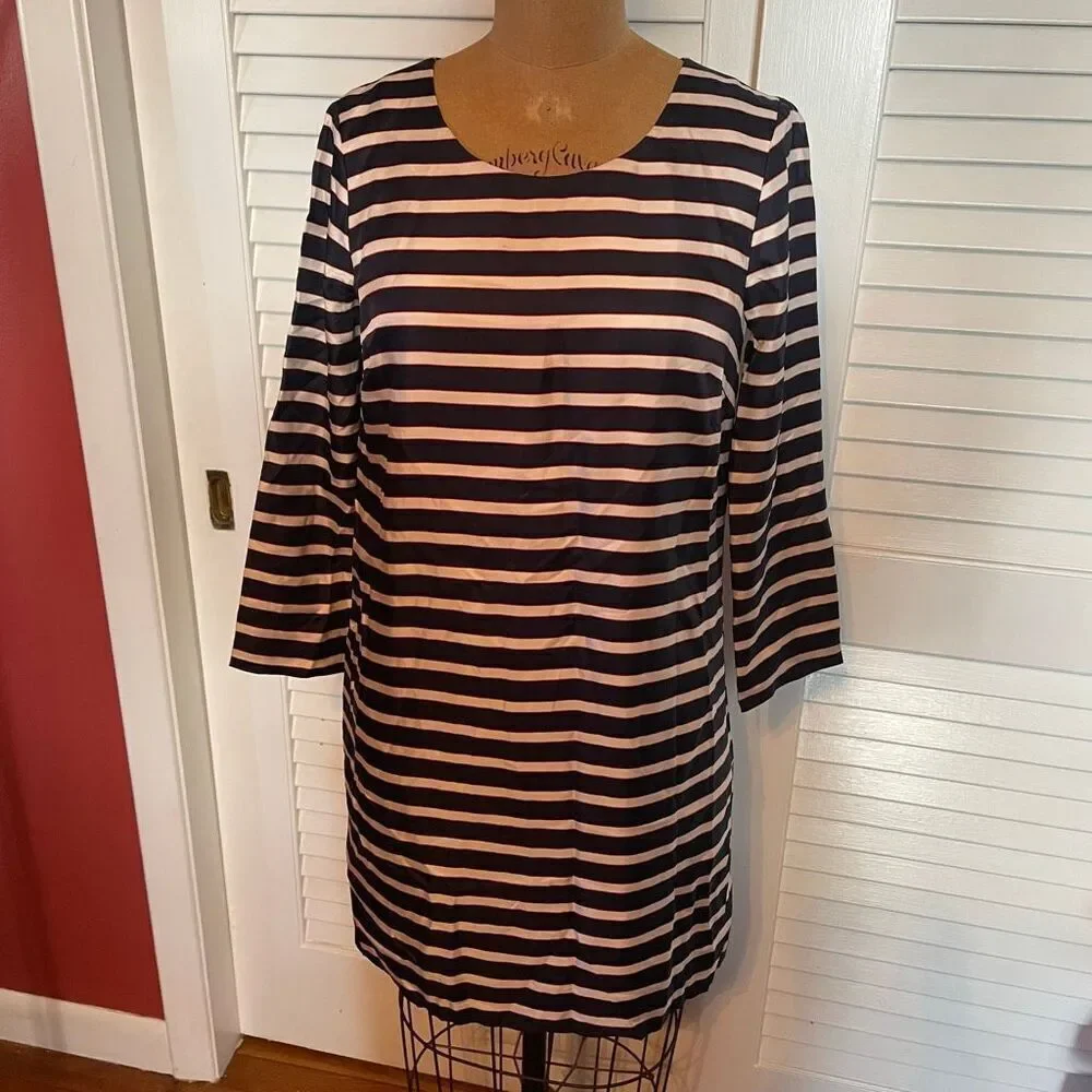 J CREW | navy orange white stripe silk shift dress 0